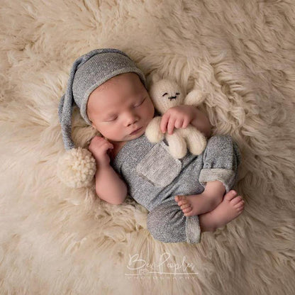 Avezano Newborn Photography Gray Outfit Set with Pom-Pom Hat & Suspender Pants