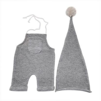 Avezano Newborn Photography Gray Outfit Set with Pom-Pom Hat & Suspender Pants