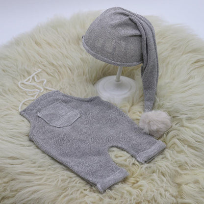 Avezano Newborn Photography Gray Outfit Set with Pom-Pom Hat & Suspender Pants