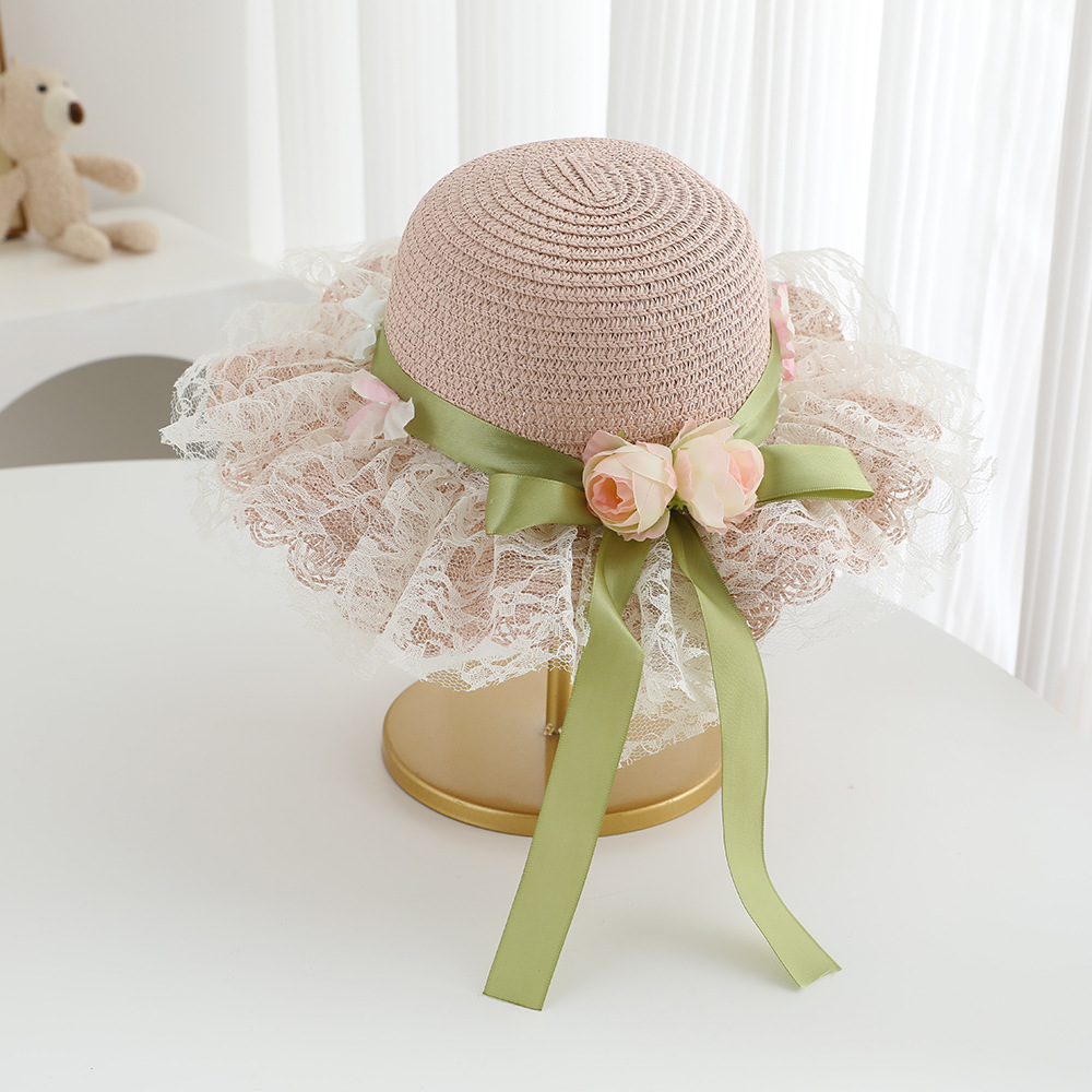 Avezano Girls Lace Flower Straw Hat with Ribbon Kids Photography Prop