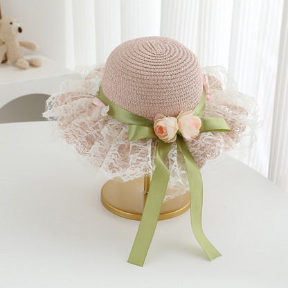 Avezano Girls Lace Flower Straw Hat with Ribbon Kids Photography Prop