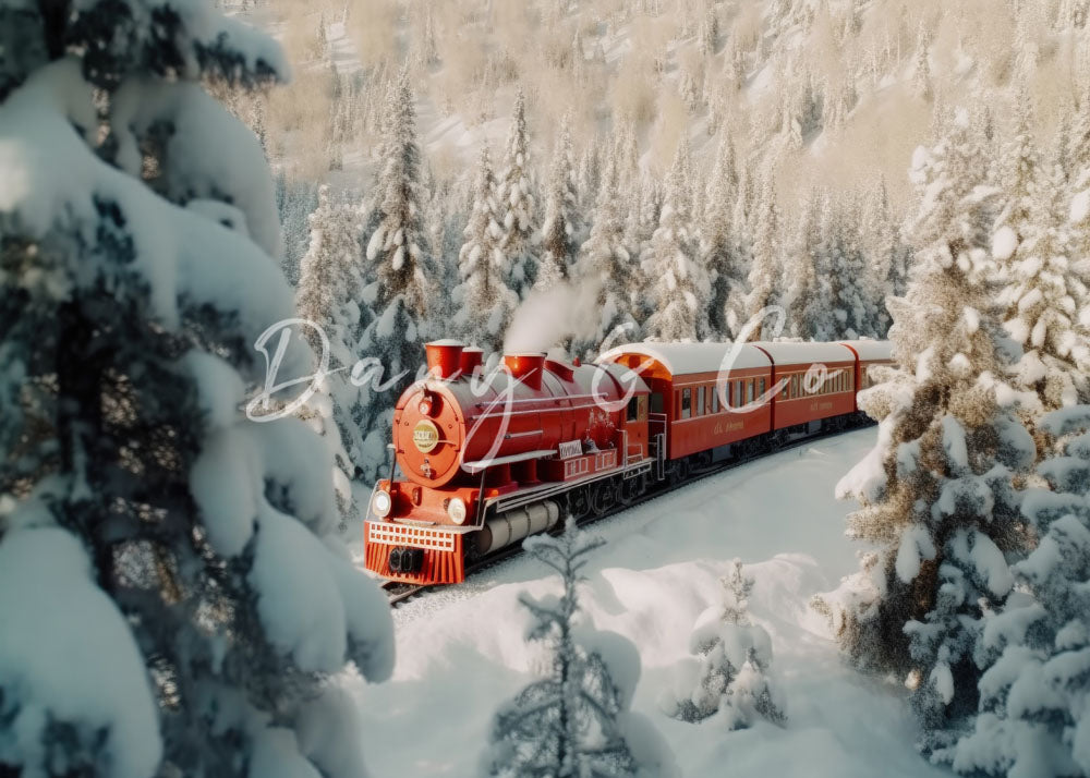 Small Red Train Avezano Little Red Train in Winter Photography Backdrop Designed By Da