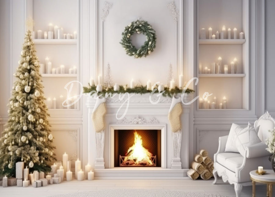 Avezano Christmas Room Decorated with Fireplace Photography Backdrop Designed By Danyelle Pinnington-AVEZANO