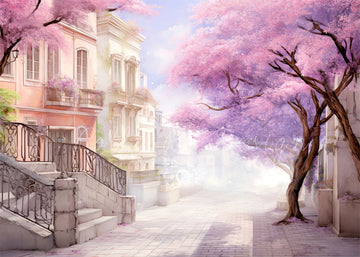 Avezano Spring Street Purple Flower Trees Photography Backdrop Designed By Polly Ro Design-AVEZANO