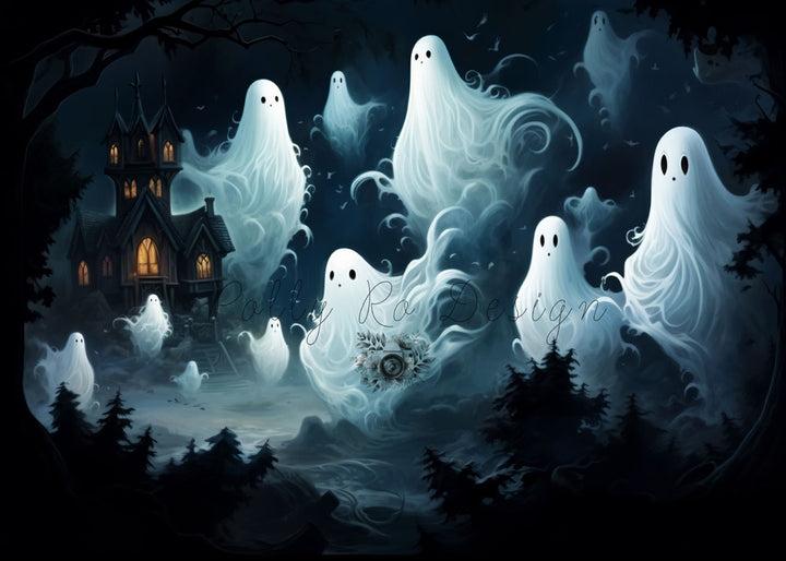 Avezano Halloween Ghosts and Castles Photography Backdrop Designed By Polly Ro Design-AVEZANO