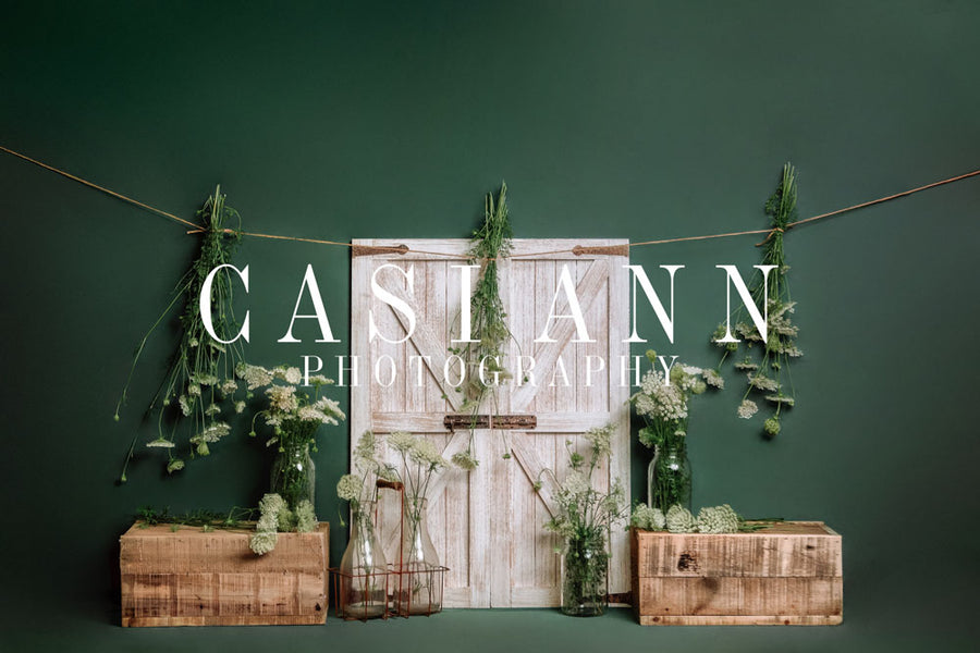 Avezano Flowers on Green Barn Doors Photography Backdrop Designed By Casi Ann