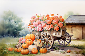Avezano Autumn Wagon Flowers and Pumpkins Photography Backdrop Designed By Polly Ro Design