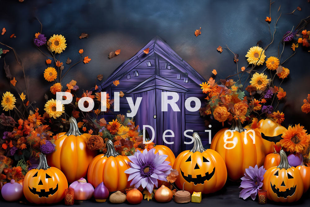 Avezano Halloween Flowers and Pumpkins Photography Backdrop Designed By Polly Ro Design