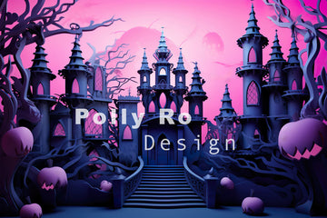 Avezano Halloween Castle and Pink Sky Photography Backdrop Designed By Polly Ro Design