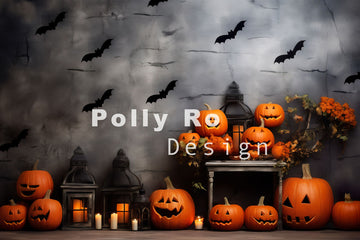 Avezano Halloween Bats and Pumpkins Photography Backdrop Designed By Polly Ro Design