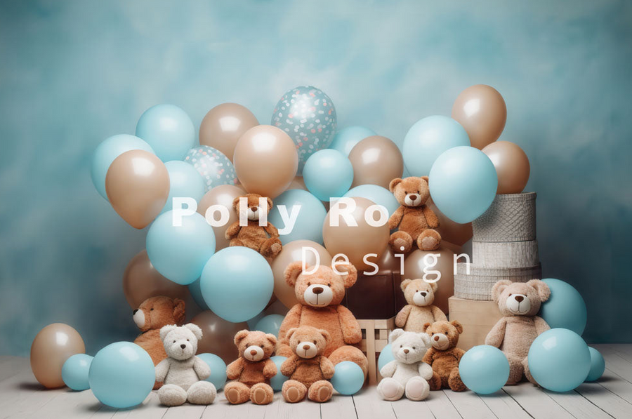 Avezano Blue Balloons and Bear Toys 2pcs Set Backdrop Designed By Polly Ro Design