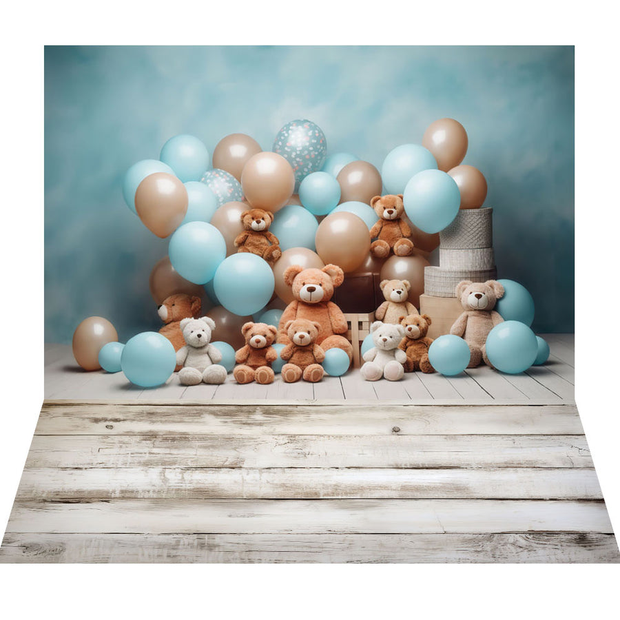 Avezano Blue Balloons and Bear Toys 2pcs Set Backdrop Designed By Polly Ro Design