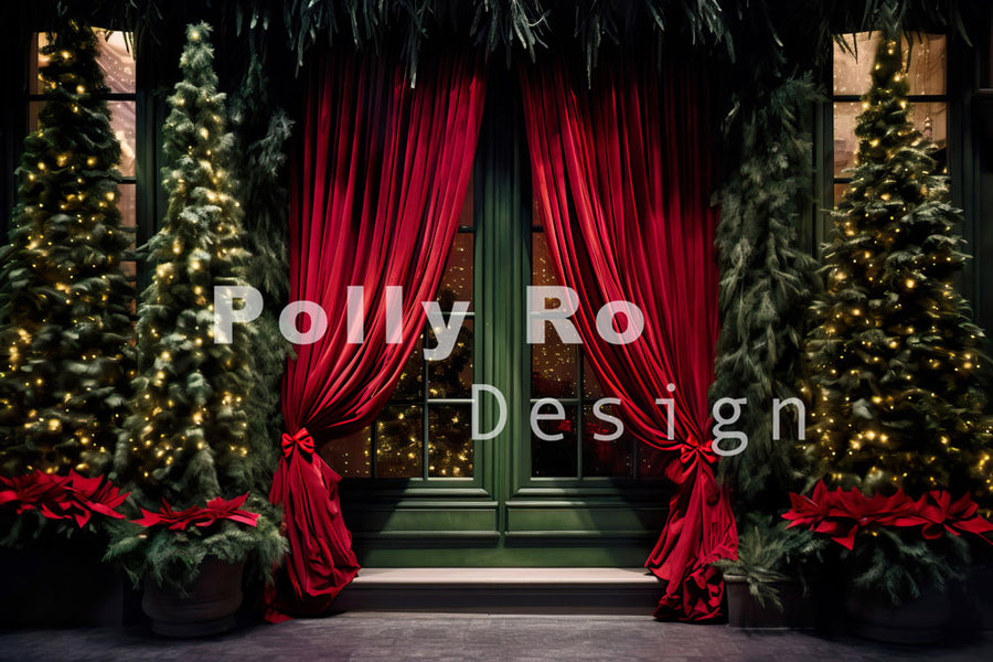 Avezano Christmas Tree and Red Curtains Photography Backdrop Designed By Polly Ro Design