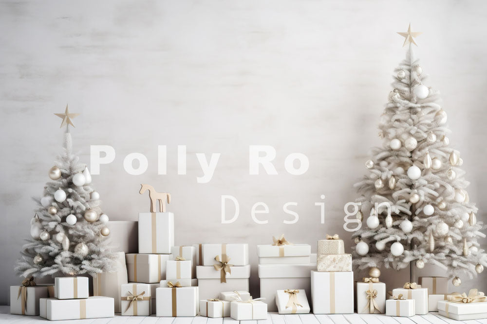 Avezano White Christmas Tree and Presents Photography Backdrop Designed By Polly Ro Design