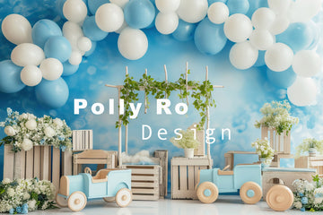 Avezano Blue Balloons and Flowers Cake Smash Party Photography Backdrop Designed By Polly Ro Design