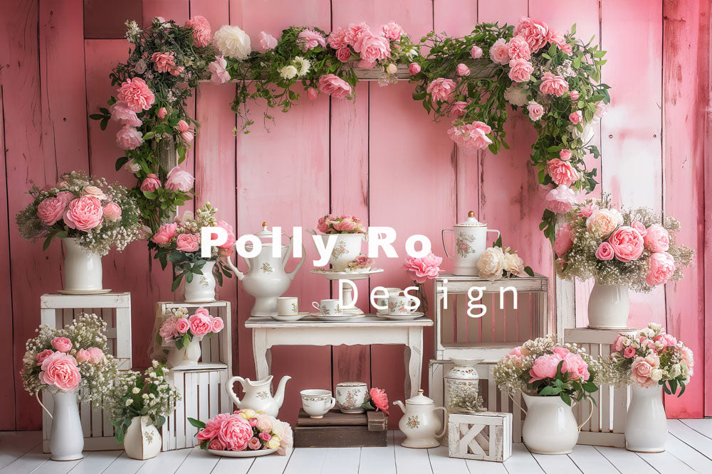 Avezano Spring Pink Flowers Afternoon Tea Photography Backdrop Designed By Polly Ro Design