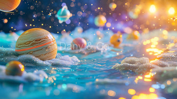 Avezano Spacethemed Swim Event with Floating Planets Starry Decorations Backdrop Designed By Danyelle Pinnington