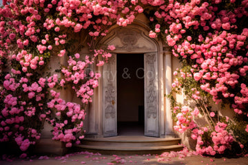 Avezano Pink Flowers in Front of Door Photography Backdrop Designed By Danyelle Pinnington
