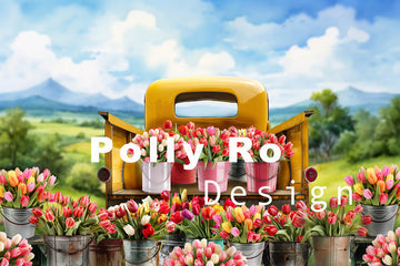 Avezano Yellow Pickup Truck and Tulips Photography Backdrop Designed By Polly Ro Design