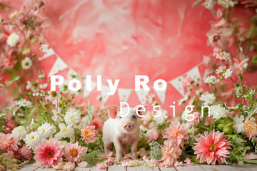 Avezano Pink Piggy and Flowers Photography Backdrop Designed By Polly Ro Design