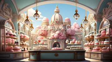 Avezano Pink Castle and Macaron Cookies Backdrop Designed By Danyelle Pinnington