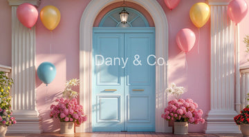 Avezano Pink Wall and Blue Door Backdrop Designed By Danyelle Pinnington