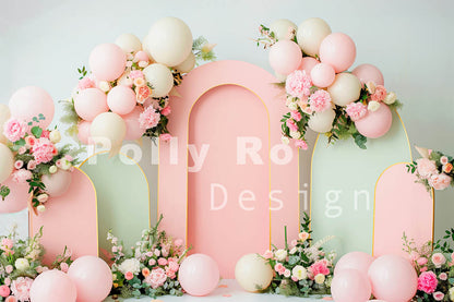 Avezano Pink and Green Arch Balloon Party Photography Backdrop Designed By Polly Ro Design