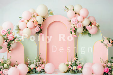 Avezano Pink and Green Arch Balloon Party Photography Backdrop Designed By Polly Ro Design