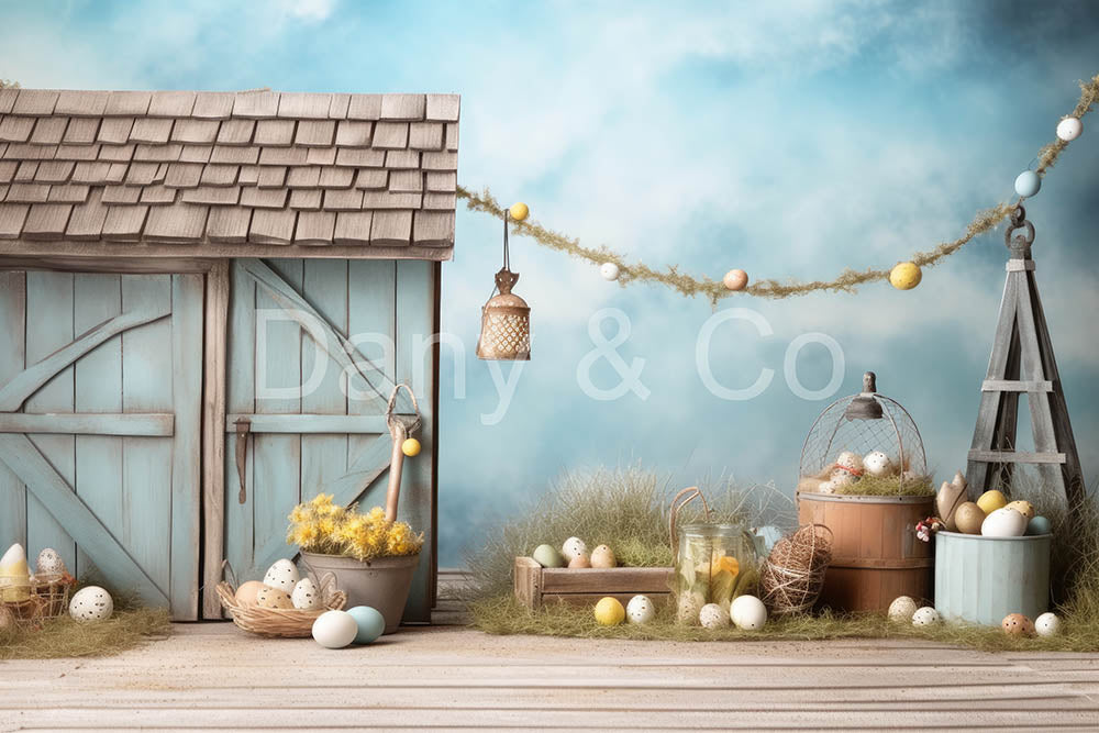 Avezano Easter Blue Sky and Wooden House Backdrop Designed By Danyelle