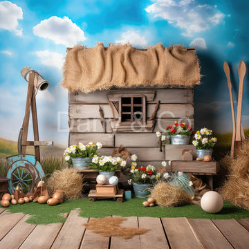 Avezano Easter Farm Cabin and Flowers Backdrop Designed By Danyelle Pinnington