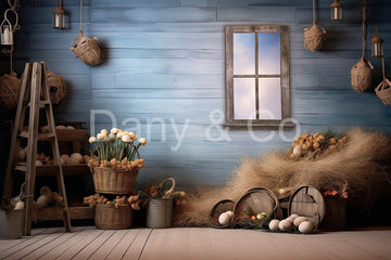 Avezano Easter Wooden House with Straw and Windows Backdrop Designed By Danyelle Pinnington
