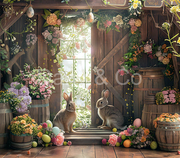Avezano Easter Rabbits and Wooden Doors with Flowers Backdrop Designed By Danyelle Pinnington