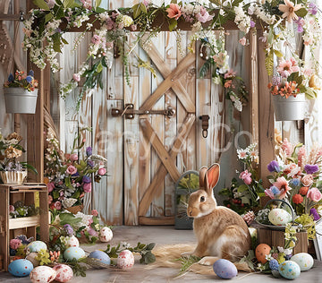 Avezano Easter Rabbits and Whiter Wooden Doors with Flowers Backdrop Designed By Danyelle Pinnington