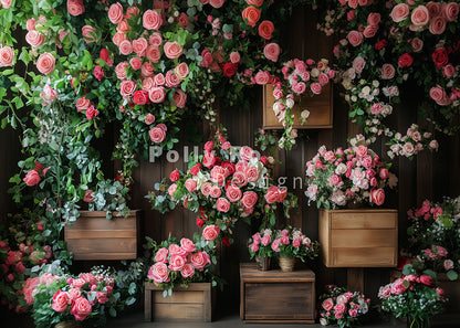 Mur de roses roses d'Avezano pour toile de fond de photographie de la Saint-Valentin conçu par Polly Ro Design