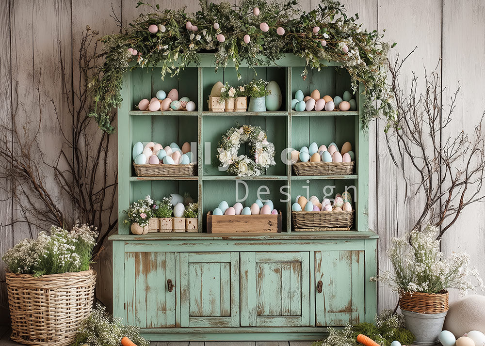Toile de fond pour photographie de Pâques avec armoires vertes vintage d'Avezano, conçue par Polly Ro Design