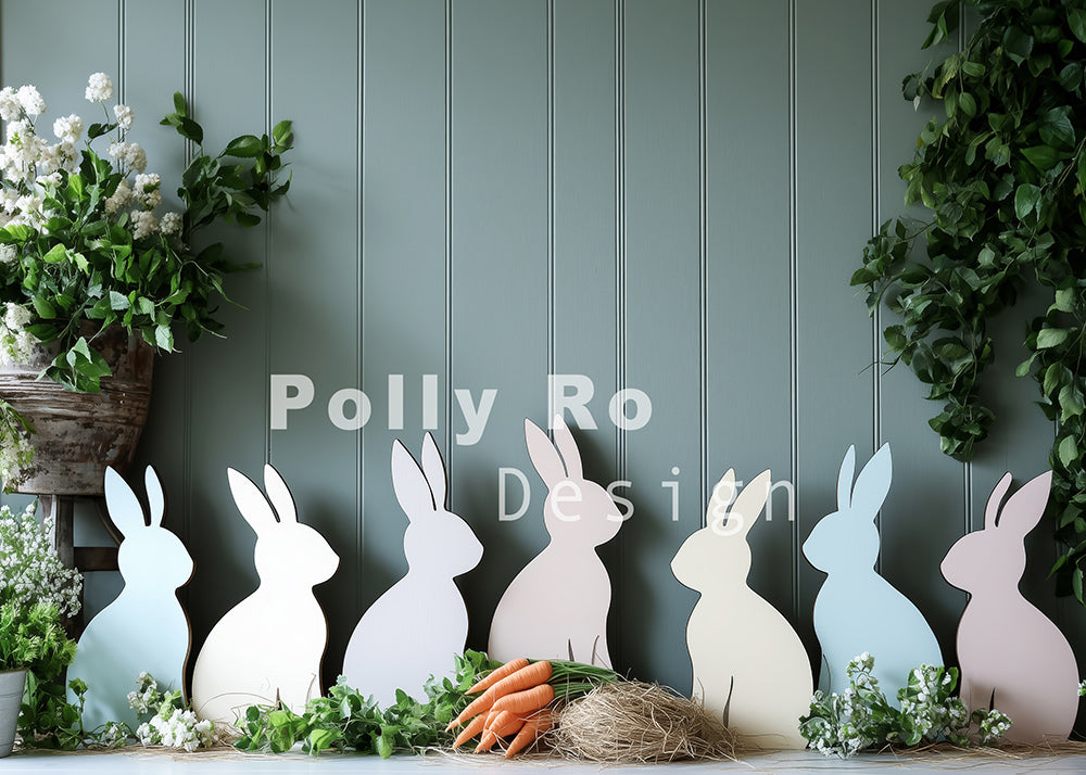 Avezano Blue Wall and Rabbit Stencil Photography Backdrop Designed By Polly Ro Design