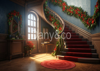 Avezano Red Flowers and Stairs Photography Backdrop Designed By Danyelle Pinnington