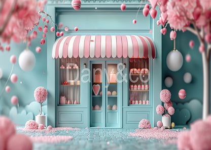 Avezano Blue Shop and Pink Tree Photography Backdrop Designed By Danyelle Pinnington