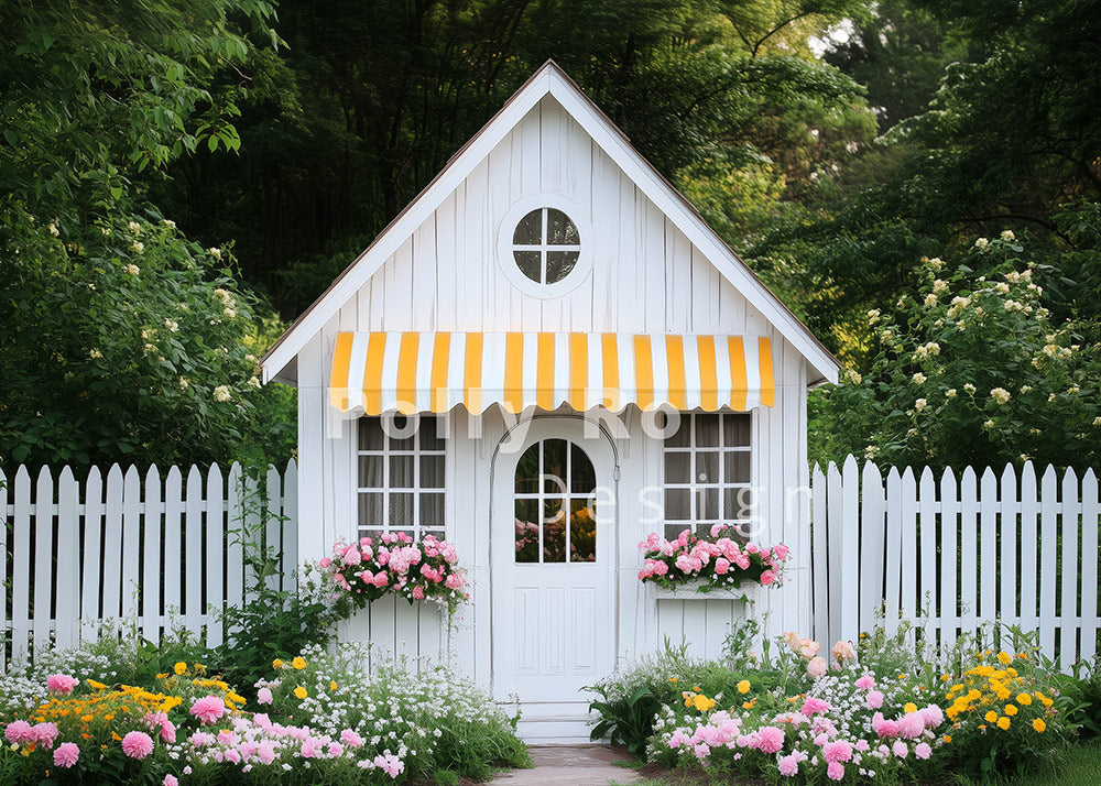 Toile de fond pour photographie du jardin printanier d'Avezano et de la Maison Blanche conçue par Polly Ro Design