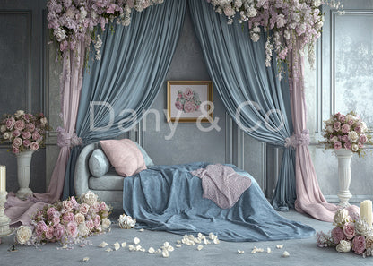 Avezano Room with Purple Flowers and Blue Curtains Backdrop Designed By Danyelle Pinnington