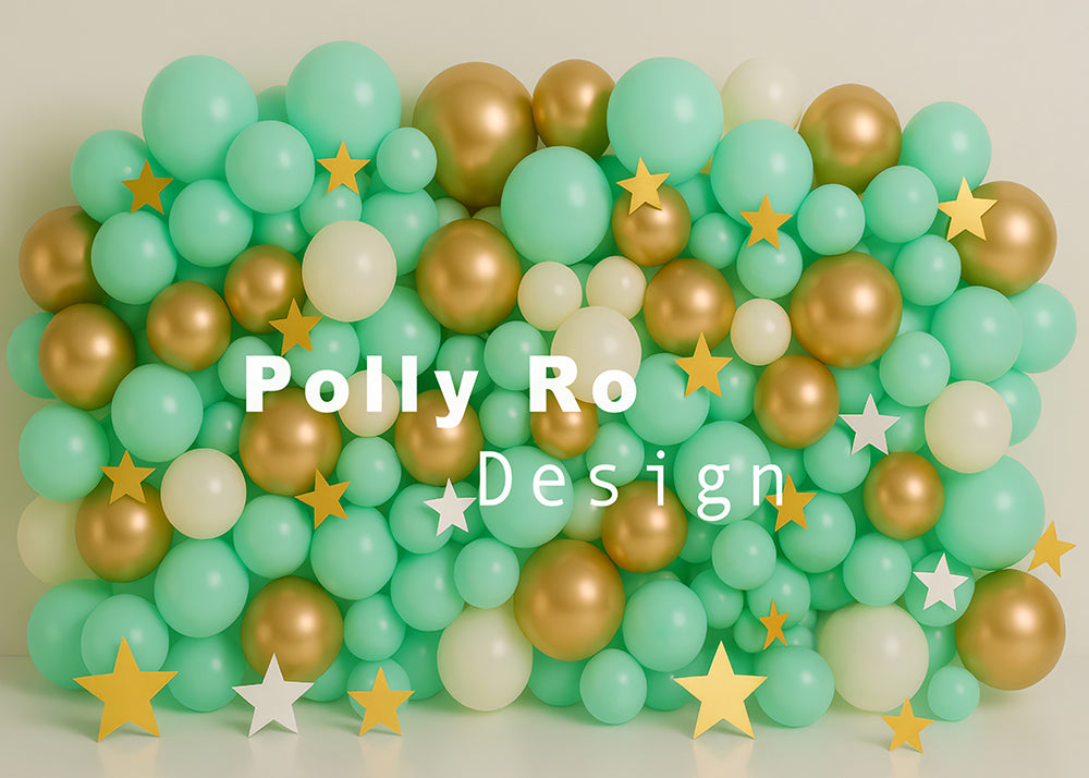 Avezano Light Green Gold and White Balloons Star Party Backdrop Designed By Polly Ro Design