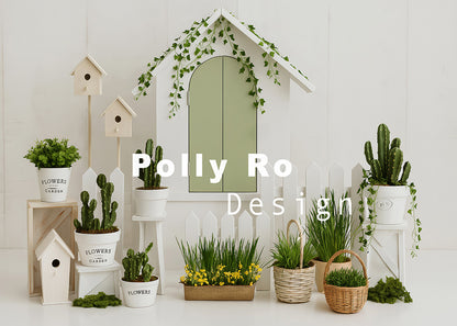 Avezano Spring Plants and White Wooden House Backdrop Designed By Polly Ro Design