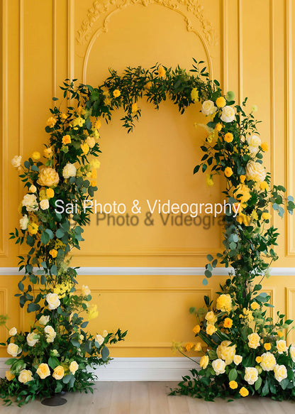 Avezano Yellow Walls and Flower Arches Wedding Backdrop Designed By Sai photo & videography