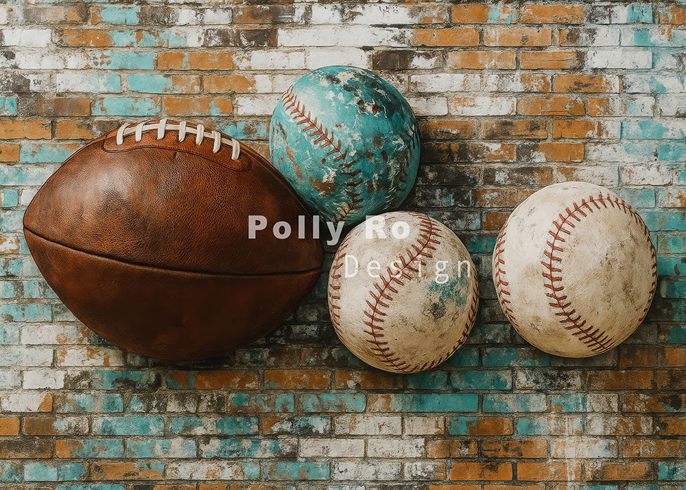 Avezano Vintage Sports Balls on Brick Wall Photography Backdrop Designed By Polly Ro Design
