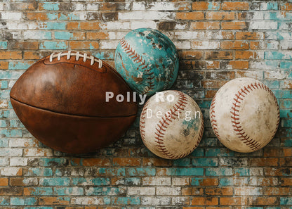 Avezano Vintage Sports Balls on Brick Wall Photography Backdrop Designed By Polly Ro Design
