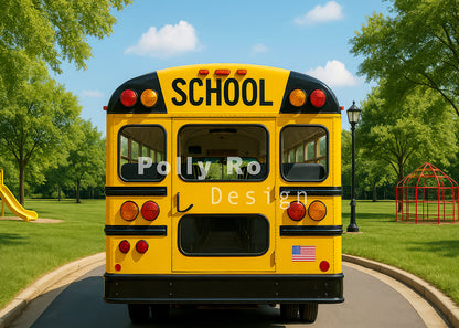 Avezano Yellow School Bus in Park Photography Backdrop Designed By Polly Ro Design
