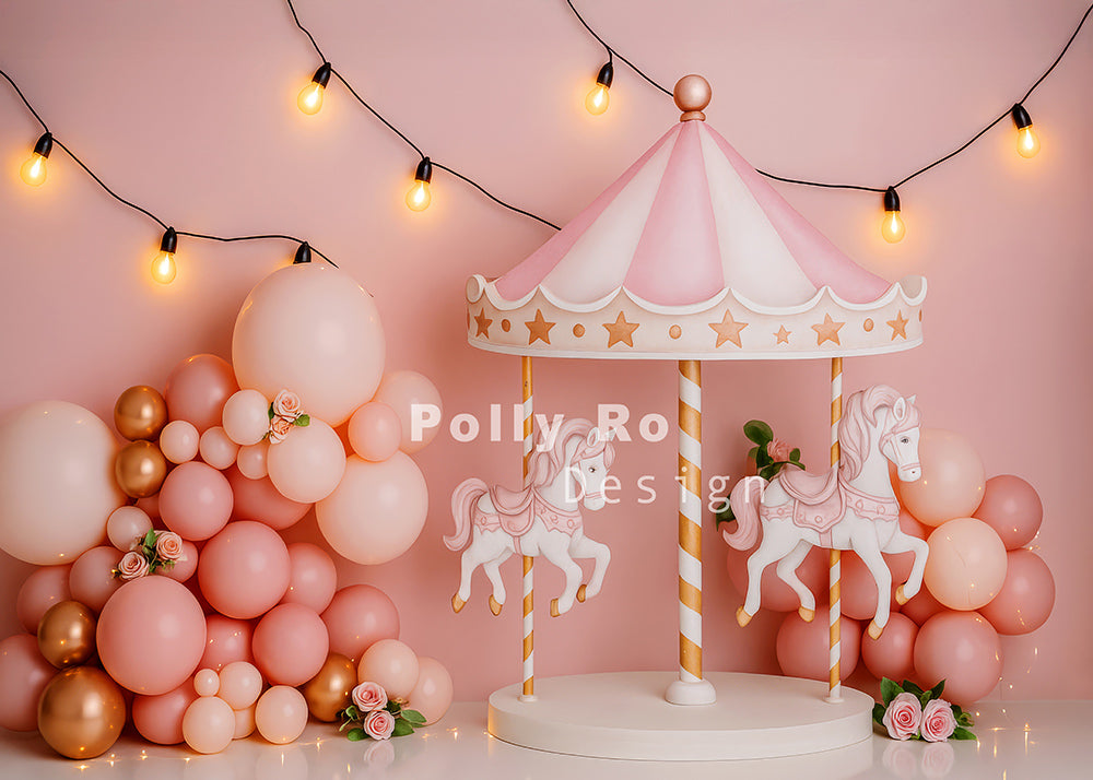 Avezano Pink Carousel and Balloon Decoration Photography Backdrop Designed By Polly Ro Design