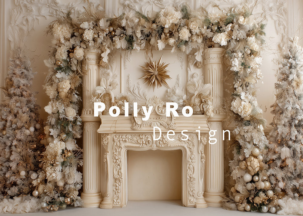 Avezano Elegant Pure White Flowers and Christmas Fireplace Photography