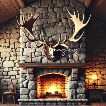 Avezano Stone Fireplace and Antlers Photography Backdrop Designed By Lidia Redekopp