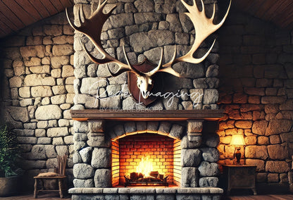 Avezano Stone Fireplace and Antlers Photography Backdrop Designed By Lidia Redekopp